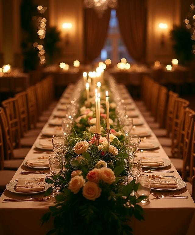 A beautifully decorated wedding reception table with lush floral runners.