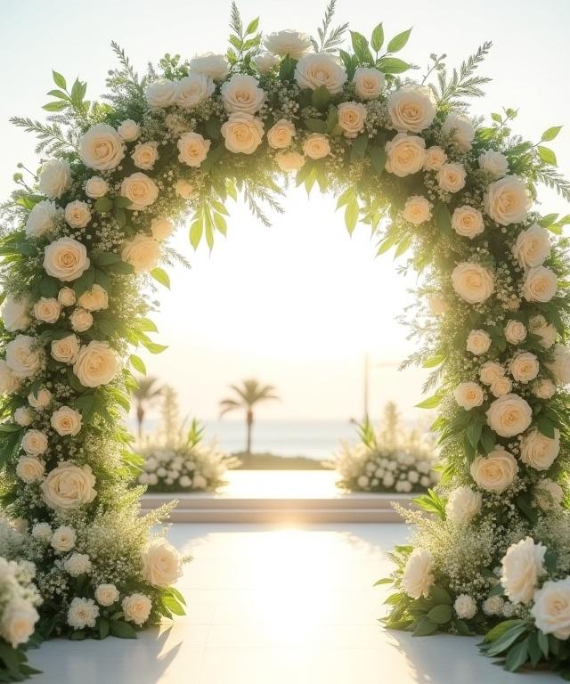 A stunning floral wedding arch decorated with white roses.