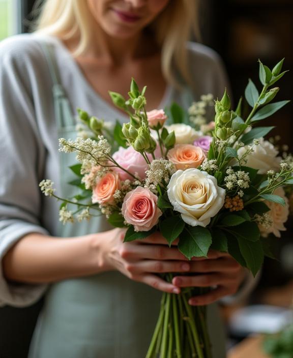 A florist carefully arranging a bespoke bouquet.