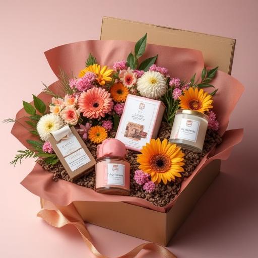 An open luxury gift hamper showcasing flowers and other gifts.