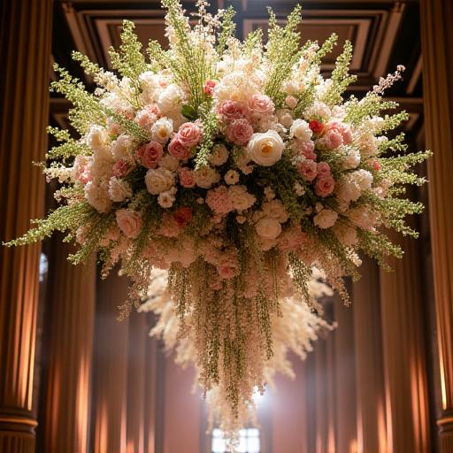 A large-scale floral installation hanging from a ceiling.
