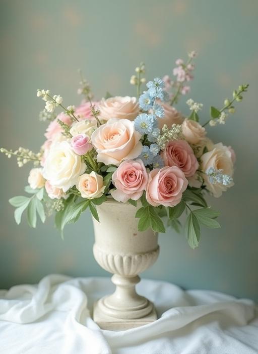 A soft, pastel-colored floral arrangement in a vintage urn.