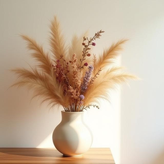 A stylish arrangement of dried pampas grass and preserved flowers.