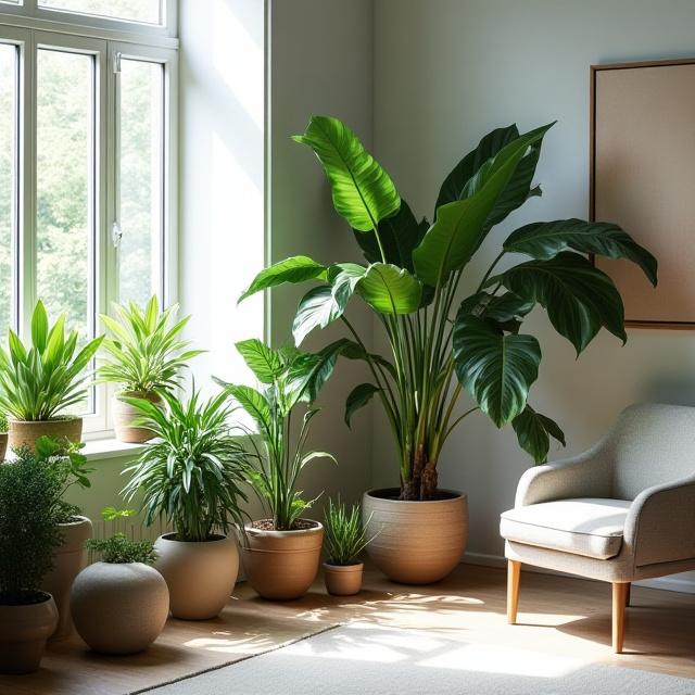 Lush indoor plants in stylish pots styling a modern living room corner.