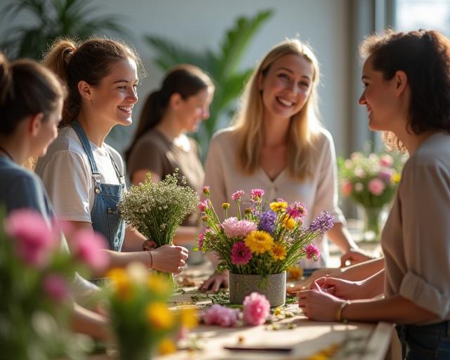 Participants smiling while creating bouquets in a floral workshop.